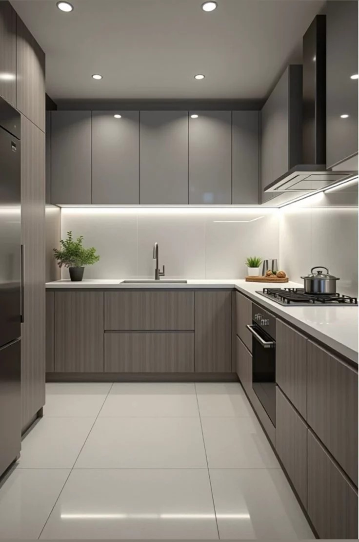 Grey modern kitchen renovation Stellenbosch L-shape layout recessed lighting