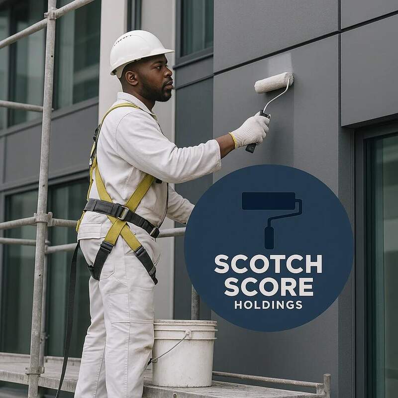 Body corporate painting Johannesburg Scotch Score Holdings branded painter on scaffold